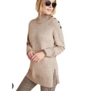 Anthropologie Margarita Tunic Sweater Size Large Tan Mock Neck Button Shoulder